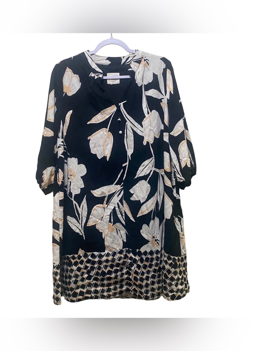 Umgee Black White Floral Tulip Print Tunic Dress Size L Boho 3/4 Puff Sleeve